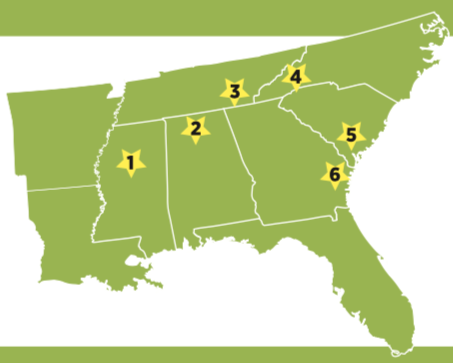 Map of 2017 Southeast Sustainable Communities Fund (SSCF) grantees