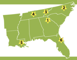 Map of the Southeast Sustainable Communities Fund (SSCF) grantees