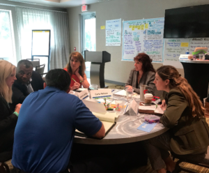 SSDN members in Tennessee discuss sustainability ideas around a table.