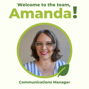 Text reads: Welcome to the team, Amanda! Communications Manager with image of a woman with shoulder length hair and glasses