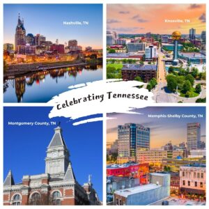 Four photos of various Tennessee cities with Celebrating Tennessee in the middle