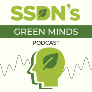 Square Green Minds podcast logo with head with leaf inside and squiggly line behind