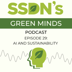 beige background with green head with leaf in it and wavy line behind it. Text reads: SSDN's Green Minds Podcast Episode 29: AI and Sustainability