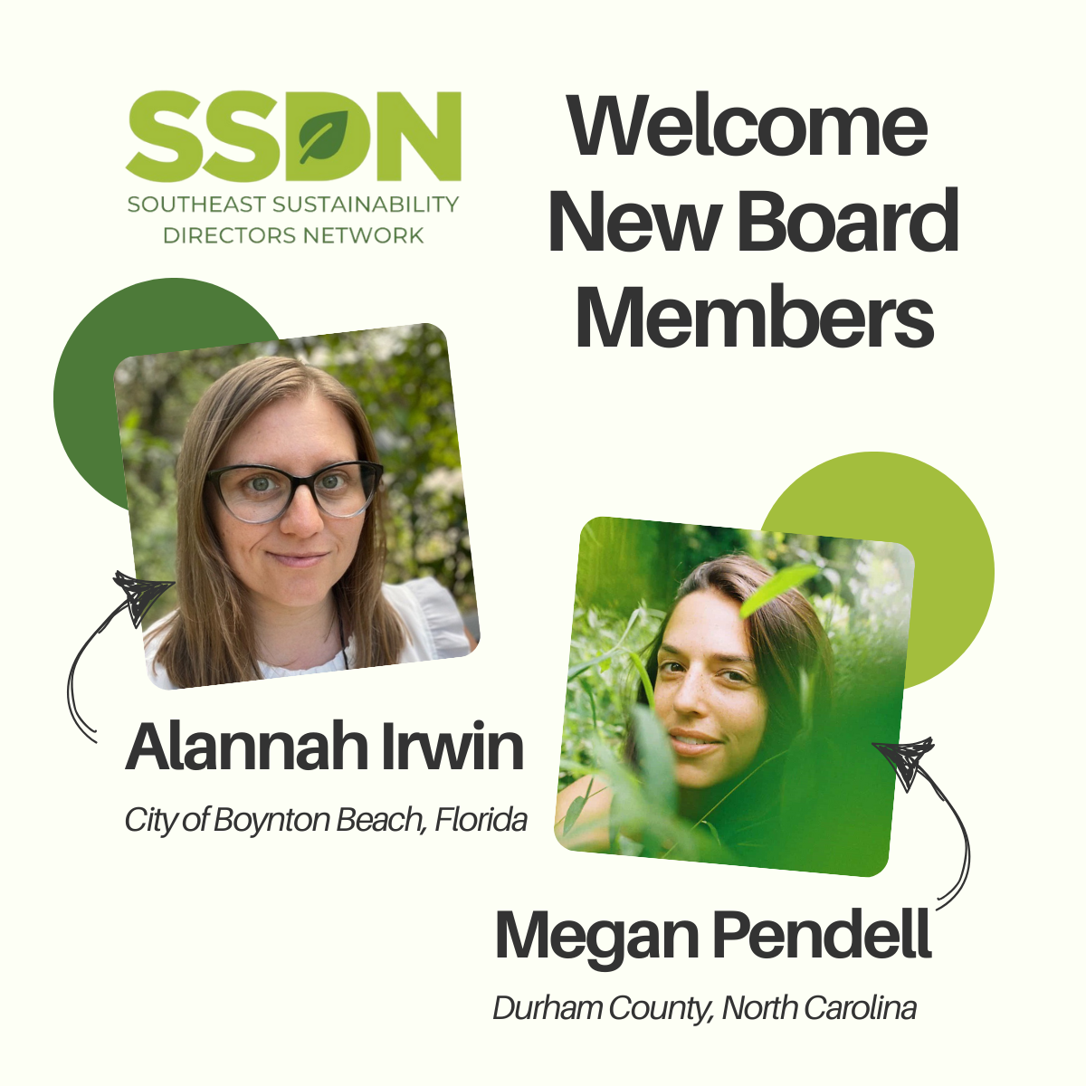 Two women with text that reads welcome new board members alannah irwin boynton beach florida megan pendell durham county north carolina