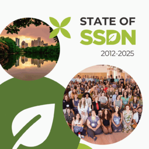 magazine cover graphic with 5 circles, 2 are green, one with a leaf in it, one with a logo, one with a group photo, and one with a city text reads state of ssdn 2012-2025