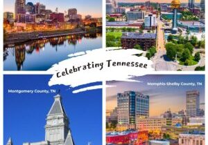 Four photos of various Tennessee cities with Celebrating Tennessee in the middle