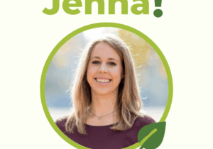 Circle with picture of a blond woman smiling and wearing a burgundy top with a leaf at the bottom and text that reads welcome to the team Jenna! Tennessee Valley Policy Manager